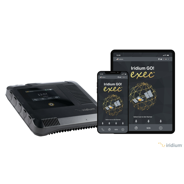 Iridium GO! exec terminal beside a smartphone and tablet running the GO! exec app